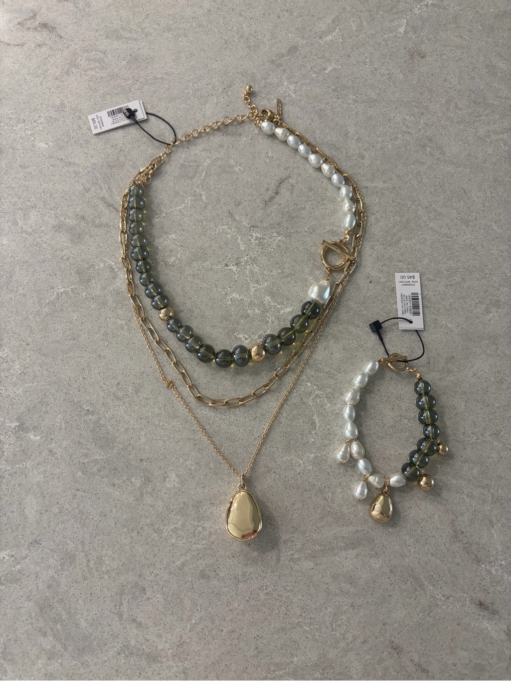 Nwt $105 Whbm Layered Gold Necklace And Bracelet Olive Green And Pearl Beads